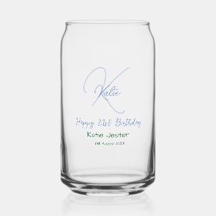 Happy 21st birthday blue add name monogram modern can glass