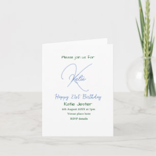 Happy 21st birthday blue add name monogram modern invitation