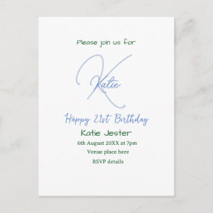 Happy 21st birthday blue add name monogram modern invitation postcard
