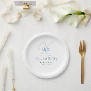 Happy 21st birthday blue add name monogram modern paper plate