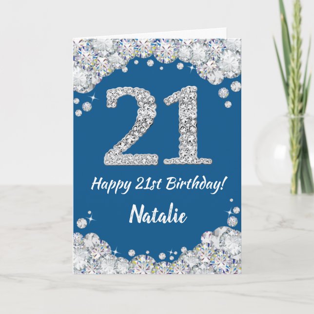 Happy 21st Birthday Blue and Silver Glitter Card (Front)