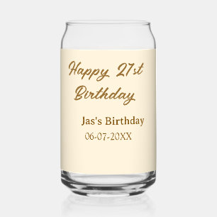 Happy 21st birthday brown pastel yellow name date  can glass
