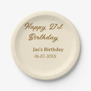 Happy 21st birthday brown pastel yellow name date paper plate