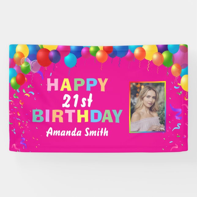 Happy 21st Birthday Colorful Balloons Hot Pink Banner (Horizontal)