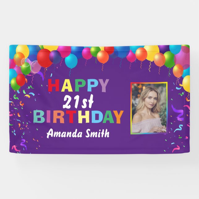 Happy 21st Birthday Colorful Balloons Purple Banner (Horizontal)