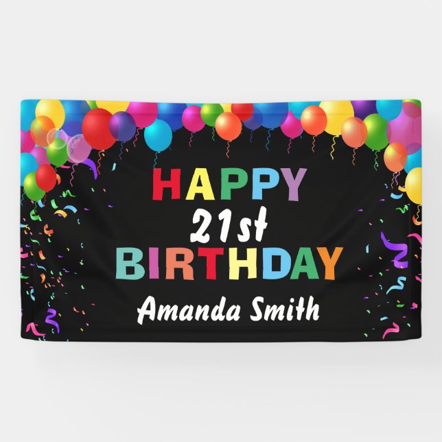 Happy 21st Birthday Colourful Balloons Confetti Banner (Horizontal)