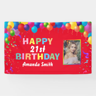 Happy 21st Birthday Colourful Balloons Red Banner