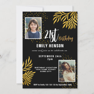 Happy 21st Birthday Gold Foliage 2 Photo Party Invitation