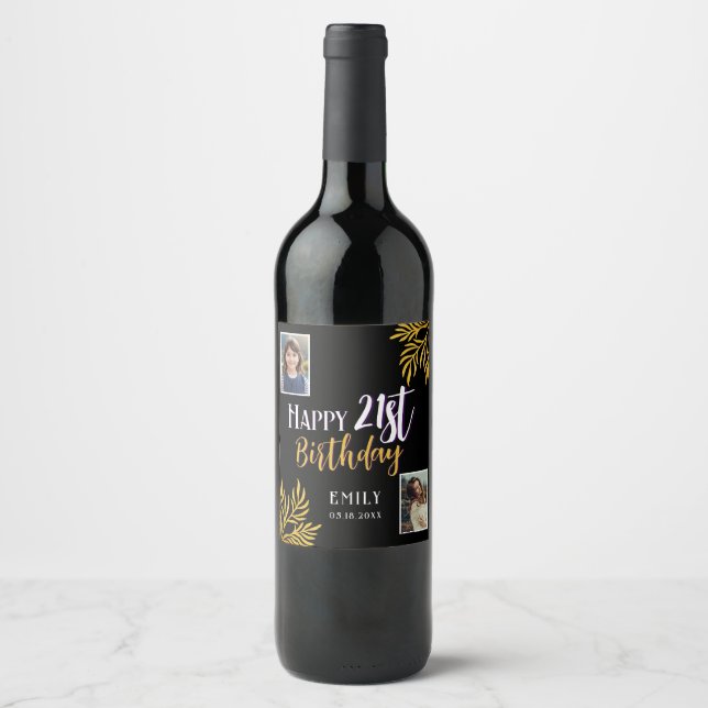 Happy 21st Birthday Gold Foliage 2 Photo Party Wine Label (Front)