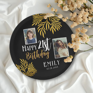 Happy 21st Birthday Gold Foliage 3 Photo Party Paper Plate