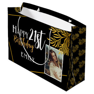 Happy 21st Birthday Gold Foliage Photo Backdrop Large Gift Bag