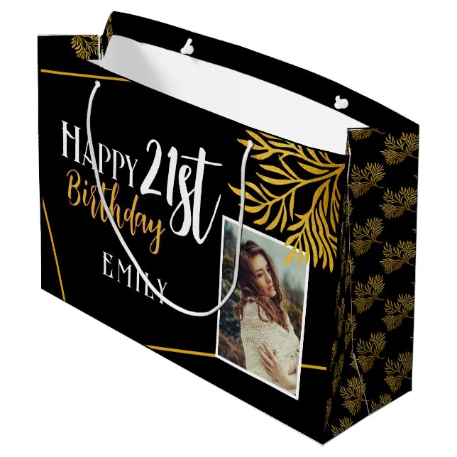 Happy 21st Birthday Gold Foliage Photo Backdrop Large Gift Bag (Back Angled)