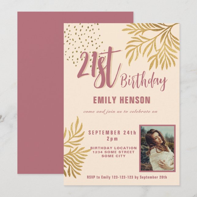 Happy 21st Birthday Gold Foliage Photo Party Invitation (Front/Back)