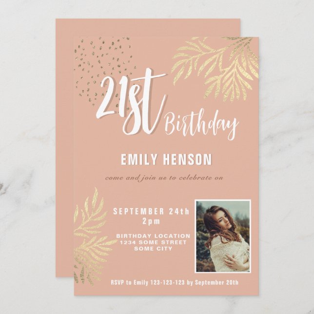 Happy 21st Birthday Gold Foliage Photo Party Invitation (Front/Back)