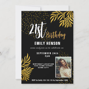 Happy 21st Birthday Gold Foliage Photo Party Invitation