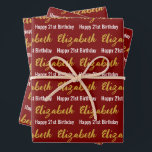 Happy 21st Birthday Gold Script Name Deep Red Wrapping Paper Sheet<br><div class="desc">The sheets are deep red. All of them have a text pattern for the recipient's name in a faux gold script and the phrase Happy 21st Birthday. The name (Shown: Elizabeth) appears in an elegant faux (not foil) gold script. The other text is white. All of the text can be...</div>