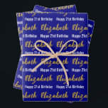 Happy 21st Birthday Gold Script Name Navy & White Wrapping Paper Sheet<br><div class="desc">The sheets are navy blue. All of them have a text pattern for the recipient's name in a faux gold script and the phrase Happy 21st Birthday. The name (Shown: Elizabeth) appears in an elegant faux (not foil) gold script. The other text is white. All of the text can be...</div>