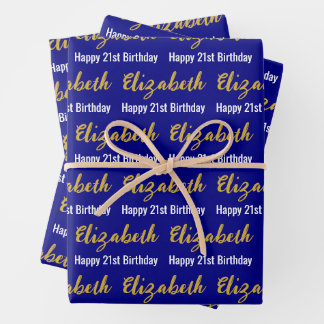 Happy 21st Birthday Gold Script Name Navy & White Wrapping Paper Sheet