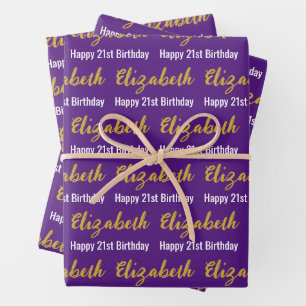 Happy 21st Birthday Gold Script Name Purple White Wrapping Paper Sheet