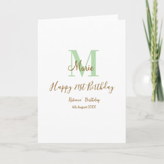 Happy 21st Birthday green add name monogram brown  Card