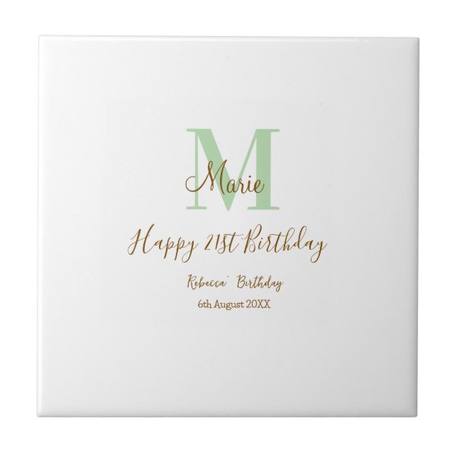 Happy 21st Birthday green add name monogram brown  Ceramic Tile (Front)