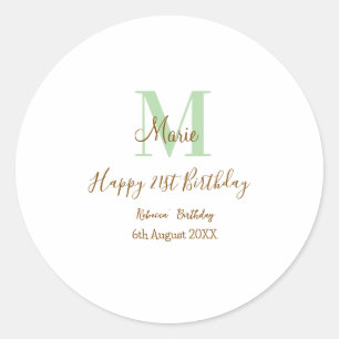 Happy 21st Birthday green add name monogram brown  Classic Round Sticker