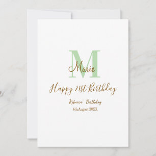 Happy 21st Birthday green add name monogram brown Invitation