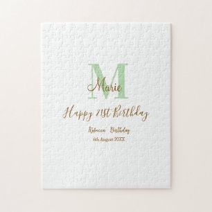 Happy 21st Birthday green add name monogram brown  Jigsaw Puzzle