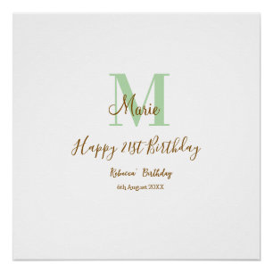 Happy 21st Birthday green add name monogram brown Poster