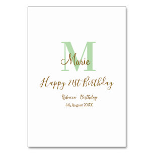 Happy 21st Birthday green add name monogram brown Table Number