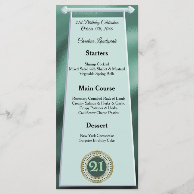 Happy 21st Birthday Green Glitter Foil Menu (Front)