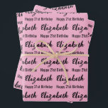 Happy 21st Birthday Name Light Pink and Black Wrapping Paper Sheet<br><div class="desc">The sheets are light pink. All of them have a text pattern for the recipient's name in a black script and the phrase Happy 21st Birthday. The name (Shown: Elizabeth) appears in an elegant black script. The other text is black. All of the text can be edited.</div>