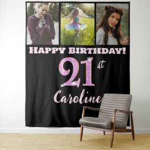 Happy 21st Birthday Party, Pink Glitter & 3 photos Tapestry