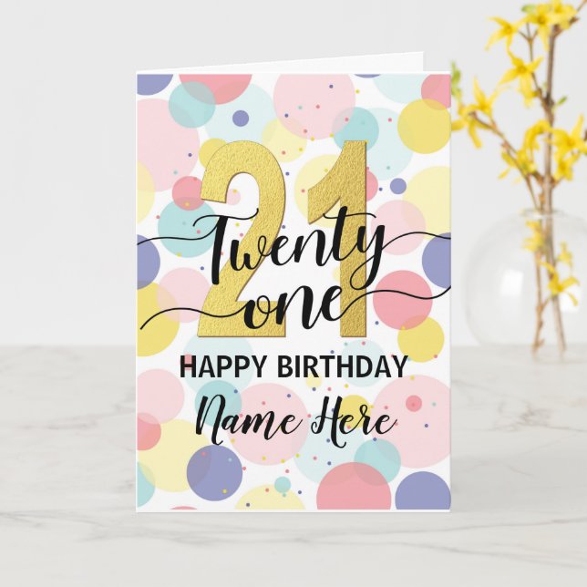 Happy 21st Birthday Pastel Rainbow and Gold Girl Card (Yellow Flower)