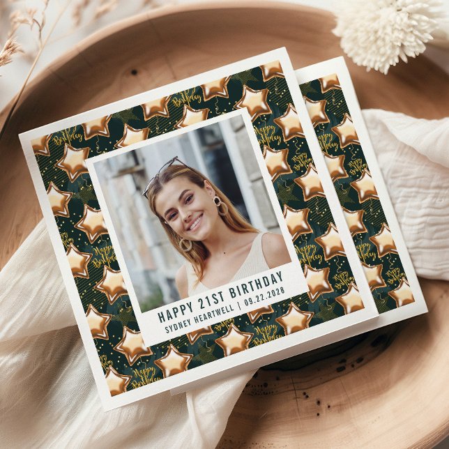 Happy 21st Birthday Photo Glam Star Balloons Napkin (Creator Uploaded)