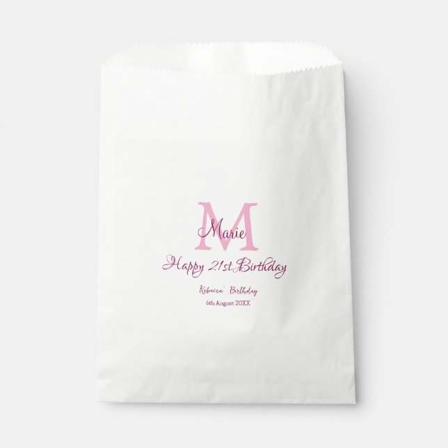 Happy 21st Birthday pink add name monogram modern Favour Bag (Front)