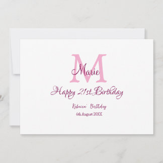 Happy 21st Birthday pink add name monogram modern Invitation
