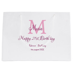 Happy 21st Birthday pink add name monogram modern Large Gift Bag