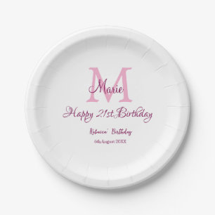 Happy 21st Birthday pink add name monogram modern Paper Plate