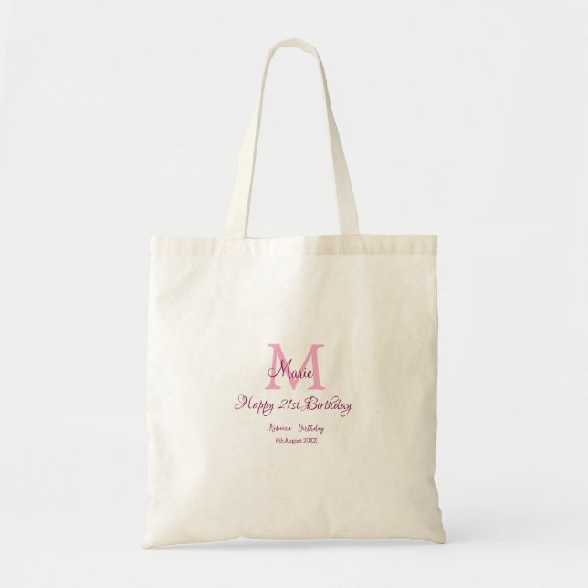 Happy 21st Birthday pink add name monogram modern Tote Bag (Front)