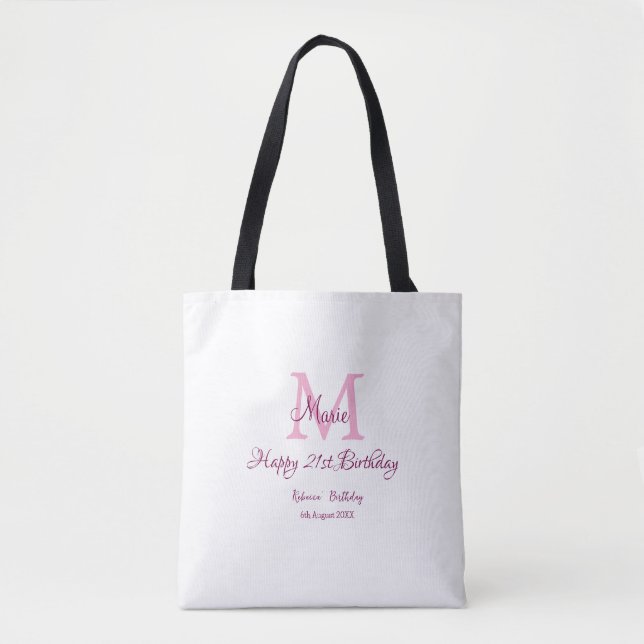Happy 21st Birthday pink add name monogram modern Tote Bag (Front)