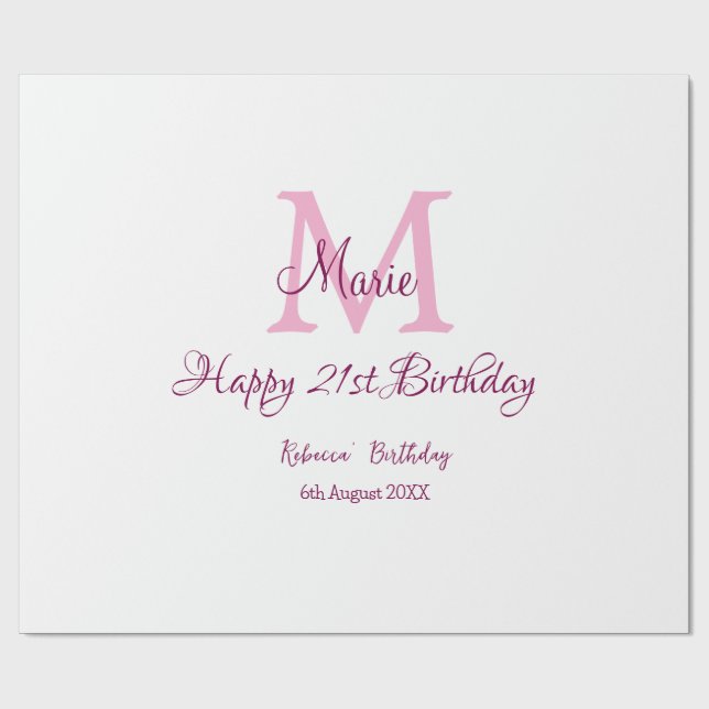Happy 21st Birthday pink add name monogram modern Wrapping Paper (Flat)