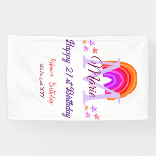 Happy 21st Birthday pink add name monogram rainbow Banner