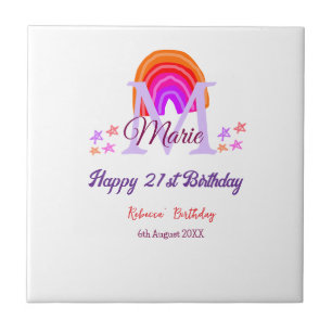 Happy 21st Birthday pink add name monogram rainbow Ceramic Tile