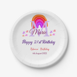 Happy 21st Birthday pink add name monogram rainbow Paper Plate