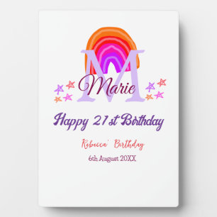 Happy 21st Birthday pink add name monogram rainbow Plaque