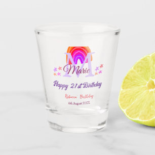 Happy 21st Birthday pink add name monogram rainbow Shot Glass