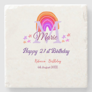 Happy 21st Birthday pink add name monogram rainbow Stone Coaster