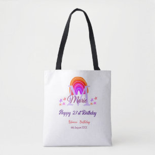 Happy 21st Birthday pink add name monogram rainbow Tote Bag