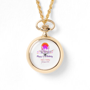 Happy 21st Birthday pink add name monogram rainbow Watch